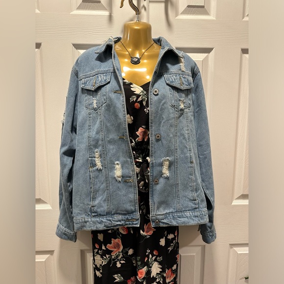 Denim jacket. Size medium. Distressed. Loose fit. - Picture 7 of 11